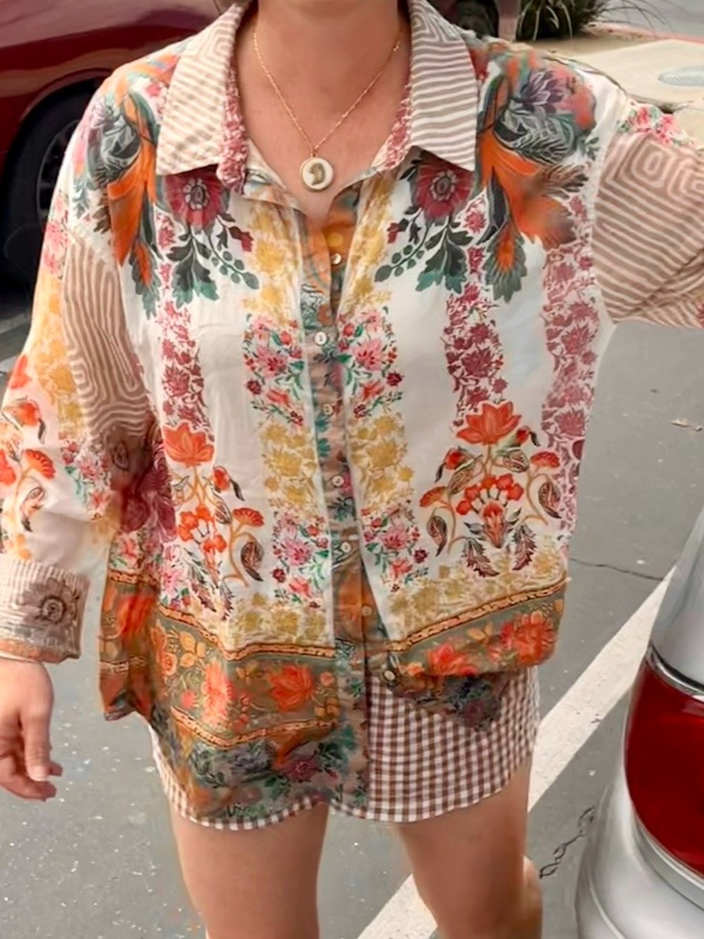 Natural Life Floral/Geometric Button-Down Blouse in Cream & Multicolor - Picture 6 of 7